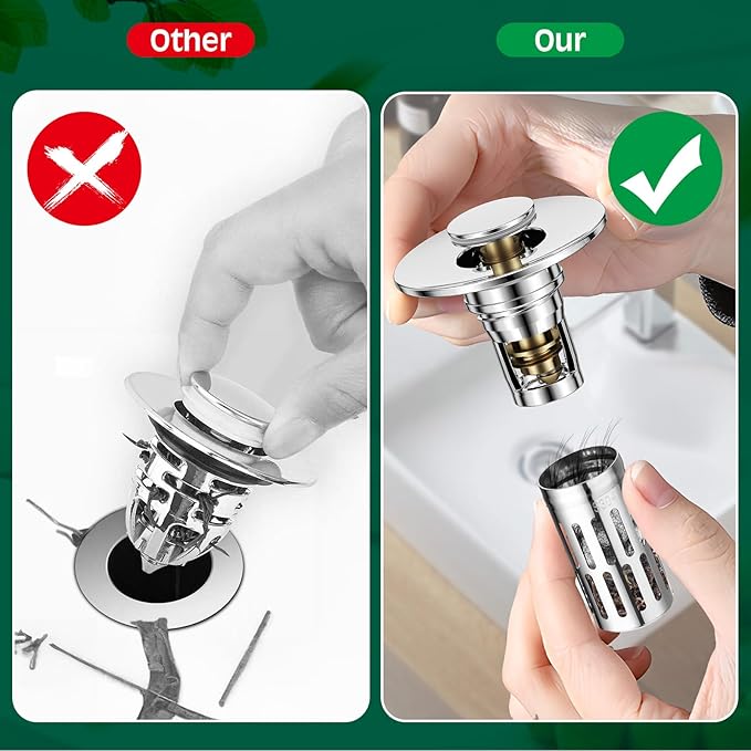 3 in 1 Sink Drain Strainer with Hair Catcher,8PCS Stainless Steel Popup Sink Stopper with Basket for Bathroom Kitchen Shower,Pop-up Bounce Core Floor Basin Drain Filter,Replacement Sink Plug