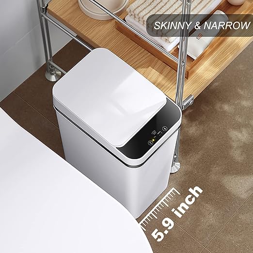 Yatmung 2.5 Gallon Smart Trash Can Sensor Motion - Touchless Bathroom Trash Can - Skinny Trash Bin with Lid - Electric, Narrow, Plastic, Auto Open - Small Slim Automatic Garbage Can (White)