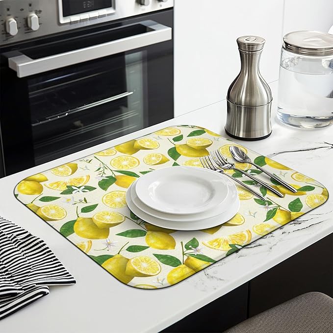 Dish Drying Mat Drainer Pads - Extra Large Microfiber Drying Mats for Dishes Kitchen Counter Super Absorbent Pads for Draining Racks (Yellow,16"x18" )