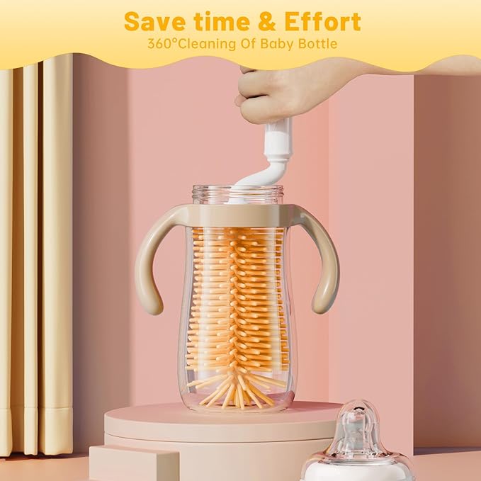 Bottle Brush Set,Travel Bottle Cleaner Kit with Baby Bottle Brush,UV Light,Straw Brush,Nipple Brush,Bottle Drying Rack for Home and Travel(Orange,Cylindrical)