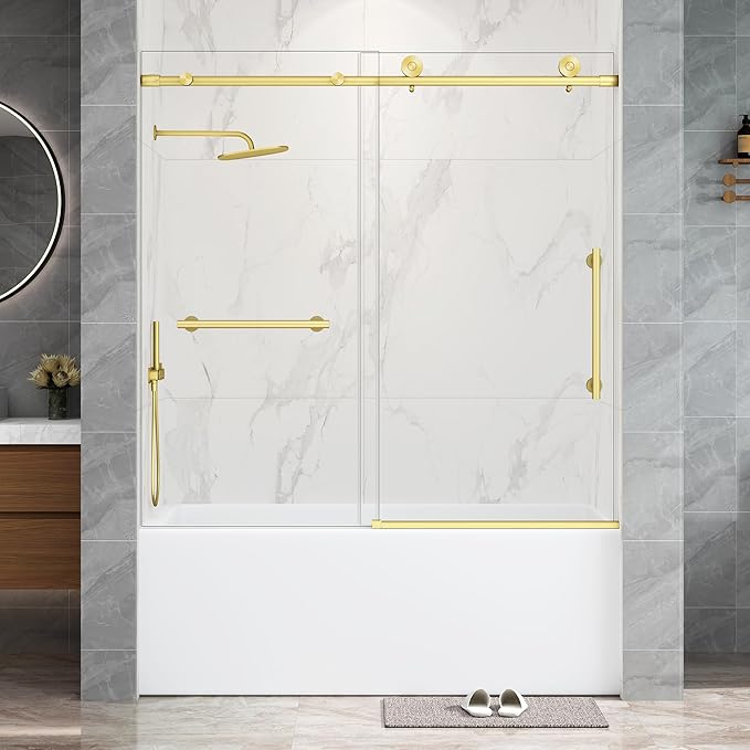 Frameless Tub Sliding Door,5/16" (8mm) Bathtub Shower Door with Soft-Close & Anti-Leak,Nano Coating Anti-Explosion Film SGCC Tempered Glass 55"-60" W x 60" H,Brushed Gold