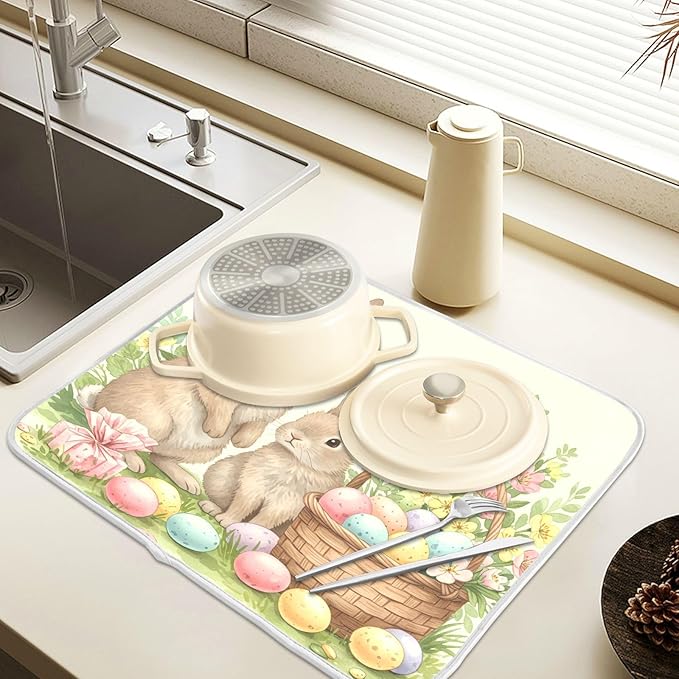 Cute Easter Bunny Rabbit Eggs Dish Drying Mat for Kitchen Counter Absorbent Microfiber Large Drying Pad Dish mats for Kitchen Countertops 18 x 24 Inch