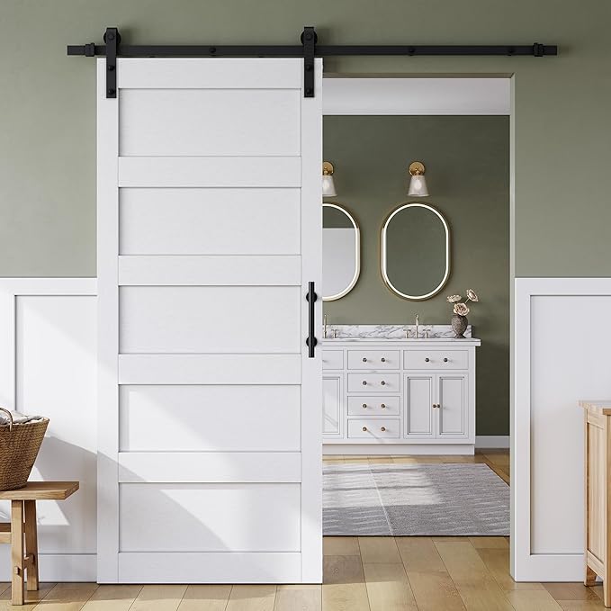 SmartStandard 34in x 84in Sliding Barn Door with 6FT Barn Door Hardware Track Kit & Handle, Waterproof PVC Surface, Pre-Drilled Holes Easy to Assemble, Solid, MDF, White, 5-Panel
