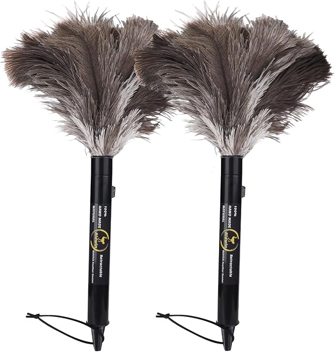 Aldwin Ostrich Feather Duster Retractable 2 Pack,16 inch Genuine Fluffy Natural Handheld Feather Dusters for Cleaning Supplies, Washable,Car, Office, Desk