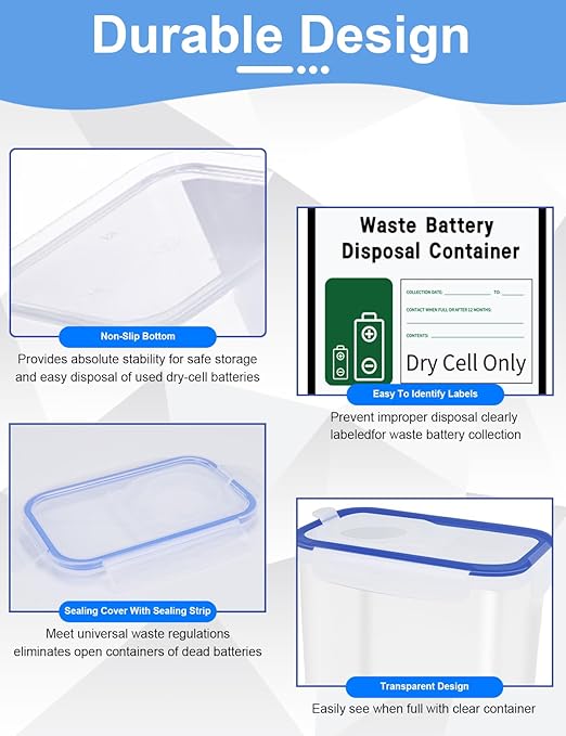 2 Pack Battery Disposal Container,Used Battery Containers with Label and Date Recording Pen,Small Battery Processing Organizer Container