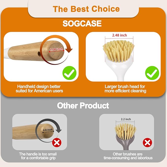Dish Brush Set with Bamboo Handle, Kitchen Brushes for Cleaning Pot, Sink and Stove, Skillet Scrubber with Tough Bristles for Cast Iron Grill Pan, 2 Pack