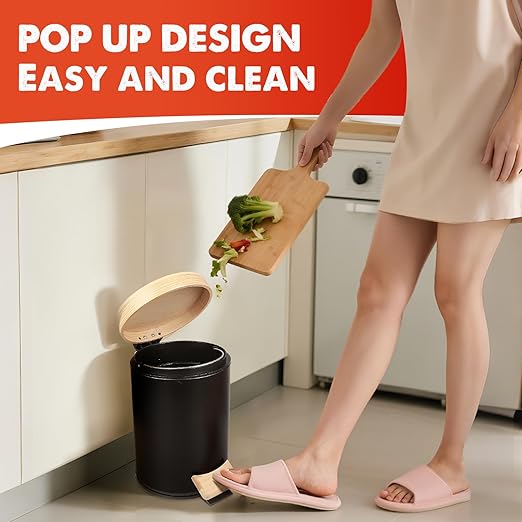 Small Bathroom Trash Can with Natural Bamboo Lid Soft Close，3 Liter / 0.8 GallonStainless Steel Garbage Can with Removable Inner Bucket andStep Pedal（Black）