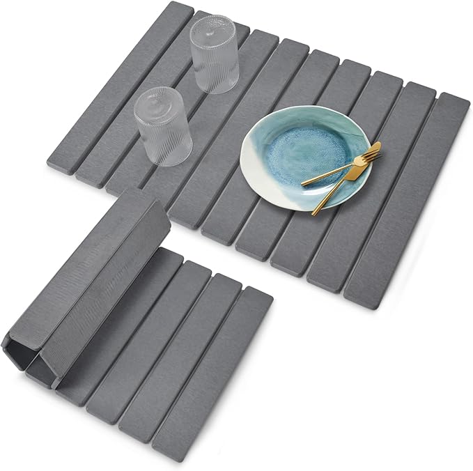 Large Stone Dish Drying Mat for Kitchen Counter, 24"×16", Collapsible Quick Dry Dish Drying Mat, Ultra Absorbent Diatomaceous Earth Mats for Dishes Bottles Cups, Match Any Countertop - Grey