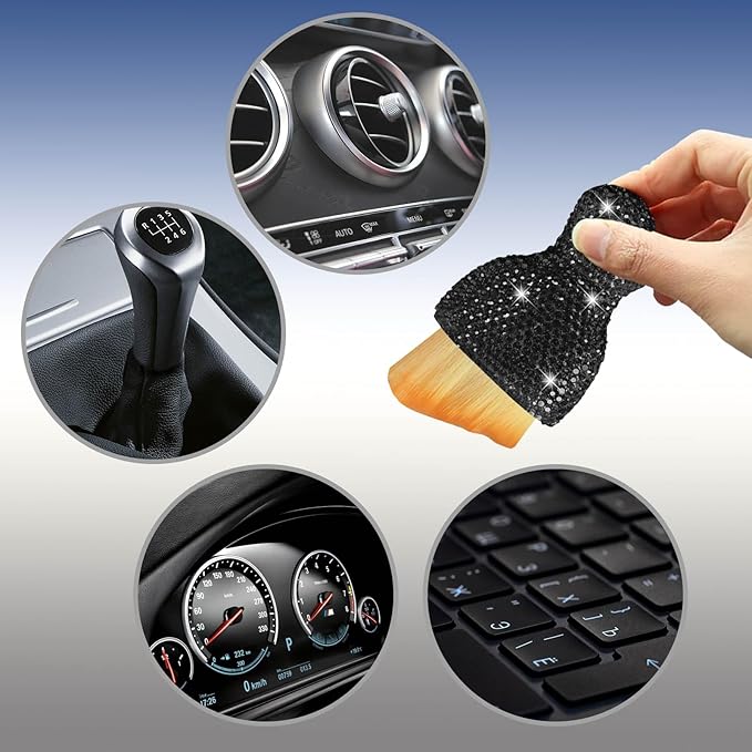 Car Detailing Cleaning Brush, Auto Interior Dust Brush with Diamond, Handle Soft Bristles Dusting Tool, Scratch Free Dirt Clean Brushes for Vehicle Dashboard, Air Conditioner Vent (Black)