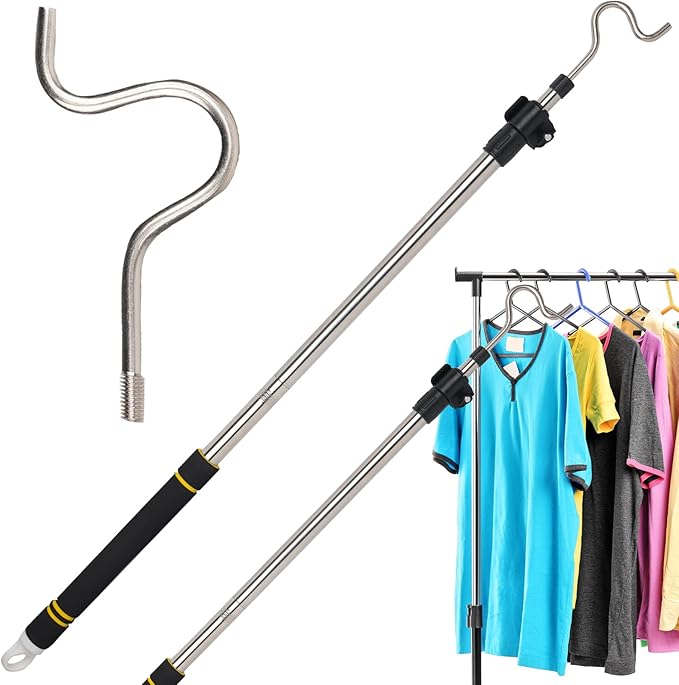 Clothes Hook Pole Heavy Duty, 36" to 65" Long Research Pole with Hook Sponge Long Handle Telescoping Pole Stainless Steel Tube S Hook Closet for Reaching Extending Rod Hang High Area Top