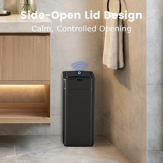 Sensor Trash Can with Butterfly Lid 2.6 Gallon Rectangular Automatic Garbage Can, Stainless Steel Trash Bin, Slim Waterproof Wastebaskets with Lid Soft Close for Under Counter, Black