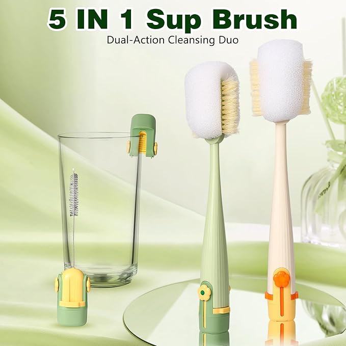 5 in 1 Bottle Cleaning Brush Set,2026 New Multifunctional Water Bottles Cleaner Brushs,Portable Long Handle Bottles Scrubber for Cup Lids,Hard Bristle Sponge Head Bottle Brushes (Green and White)