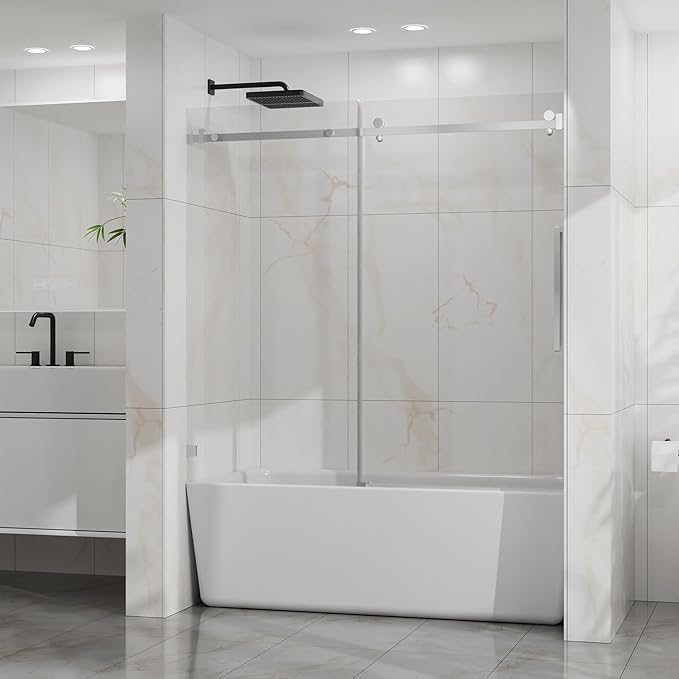 Frameless Sliding Bathtub Door 60" W x 58" H, 1/4" Clear Tempered Glass, Reversible Installation, Stainless Steel Hardware, Chrome Finish, Space-Saving Glass Tub Shower Door for Bathrooms