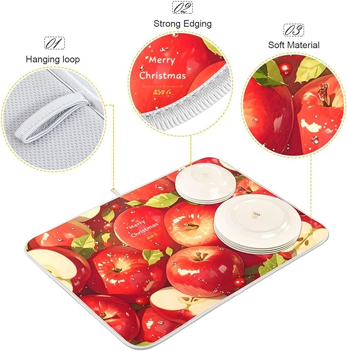 Red Apples Dish Drying Mat for Kitchen Counter Absorbent Microfiber Drying Pad, Medium 16x18 in
