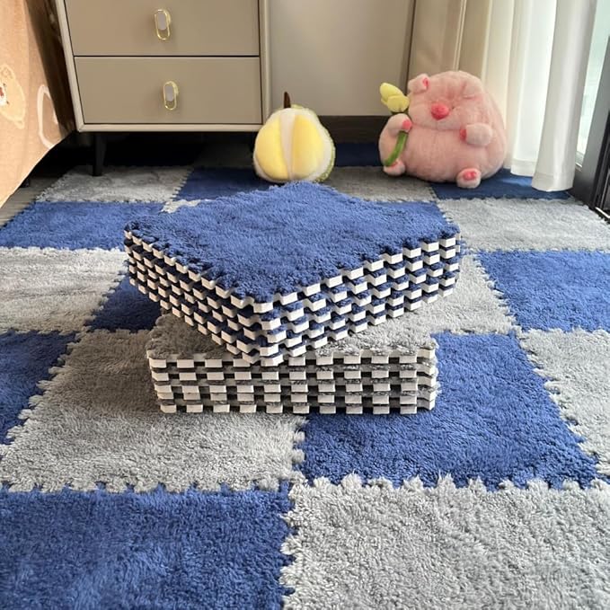 12Pcs Interlocking Carpet Tiles,12"x 12" Plush Interlocking Foam Carpet Tile with Border,Fluffy Play Mat Floor Tiles Thick Padded Squares Foam Tile for Playroom Decor (Grey+Navy)