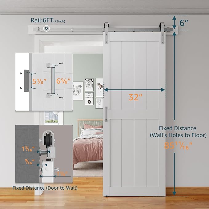 32''x84'' Sliding Barn Door with 6 Ft Brushed Nickel Hardware Kit& Handle& Floor Guides,Pre-Drilled Holes Easy Assembly - Include Installation Manual, Water-Proof PVC Surface, H-Frame