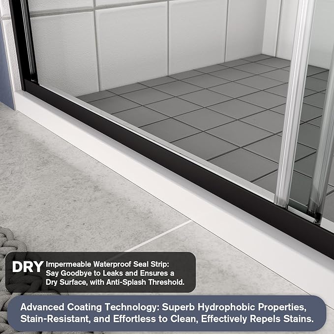 Bypass Glass Shower Door 56-60" W x 70" H with 1/4" Clear SGCC Tempered Glass, Semi-Frameless Double Sliding Shower Door, Easy to Clean, Easy to Install, Matte Black