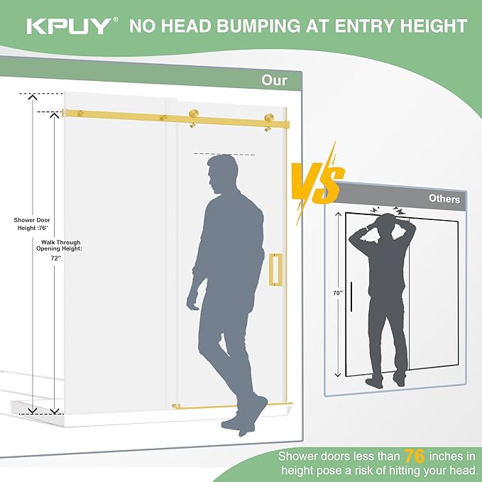 KPUY Frameless Shower Door, 55-60" W x 76" H Sliding Glass Shower Door, 1/4" (6mm) Thick Tempered Clear Glass with Explosion-Proof Film Nano Coating, Brushed Gold