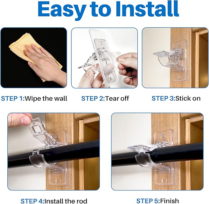 24-Pack No Drill Needed Curtain Rod Holders Brackets, Self Adhesive Rod Holder Hooks, Multipurpose Nail Free Stick on Curtain Rod Hooks, Curtain Hangers for Dorm, Bathroom, Bedroom, Livingroom Decor