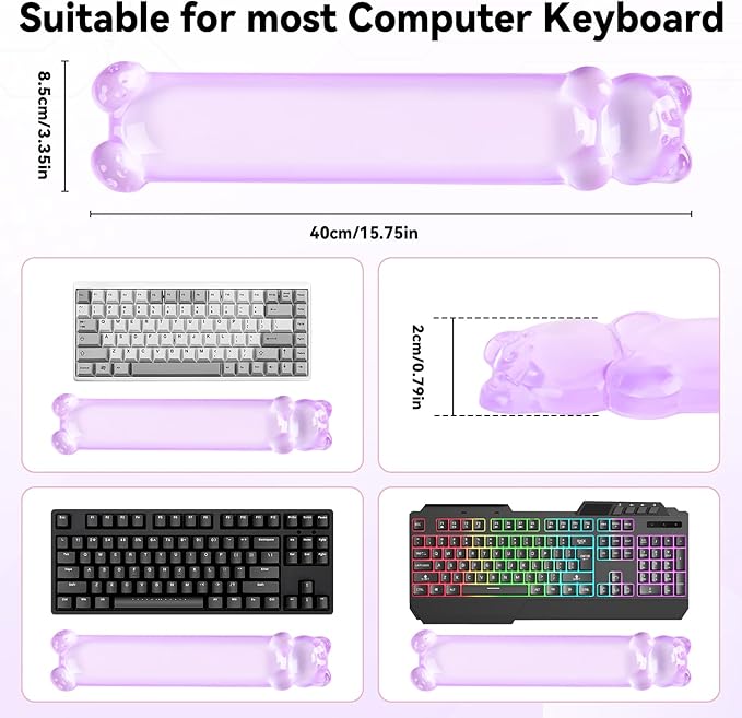 Clear Gel Keyboard Wrist Rest, Bear-Shape Wrist Rest, Ergonomic Wrist Rest for Computer Keyboard 60%/75% (Purple)