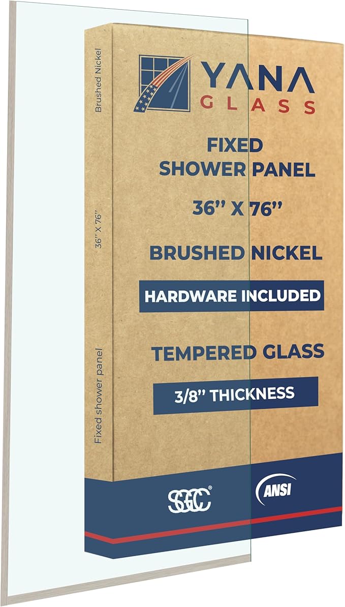 Fixed Glass Shower Wall Panel, 10mm Thick Glass Door 36" x 76", Frameless Tempered Glass Door for Shower, Bathroom Shower Screen with Brushed Nickel Finish by Yana Glass and Mirror
