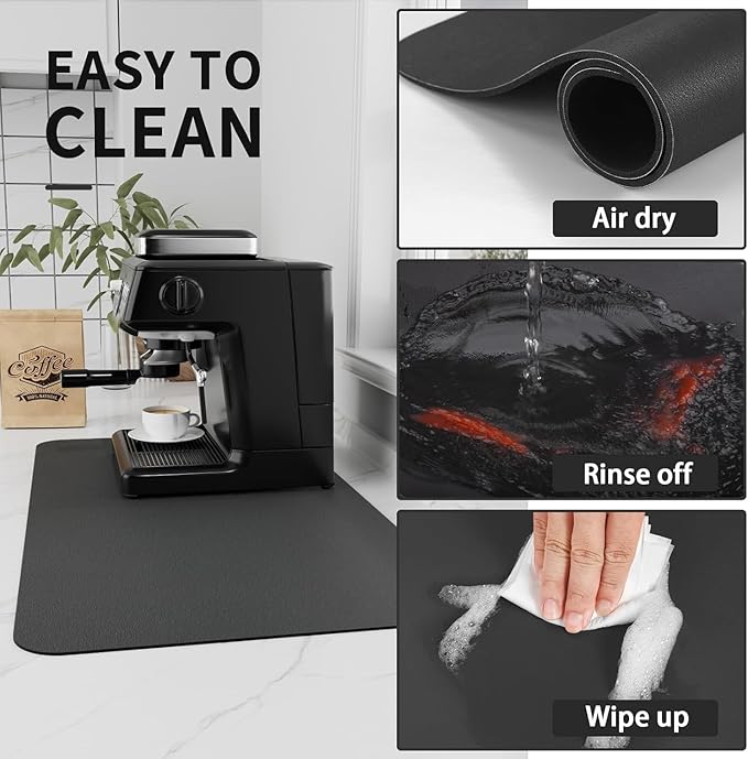 Bloss Coffee Mat, Dish Drying Mat, Coffee Bar/Maker Mat, Kitchen Counter Mat, Absorbent Hide Stain Rubber Backed Dish Drying Pad(12.2"x19.7", Black)