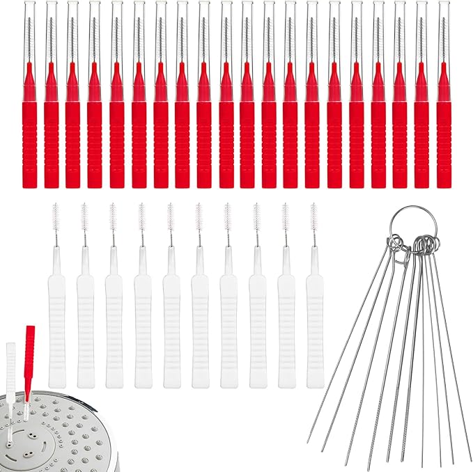 40pcs Shower Head Cleaner Tools, 2 Designs Shower Head Cleaning Brushes Multi-Size Showerhead Cleaner Picks Anti-Clogging Cleaning Brush for Bathroom Small Hole Gap Nozzle Window Slot (Red)