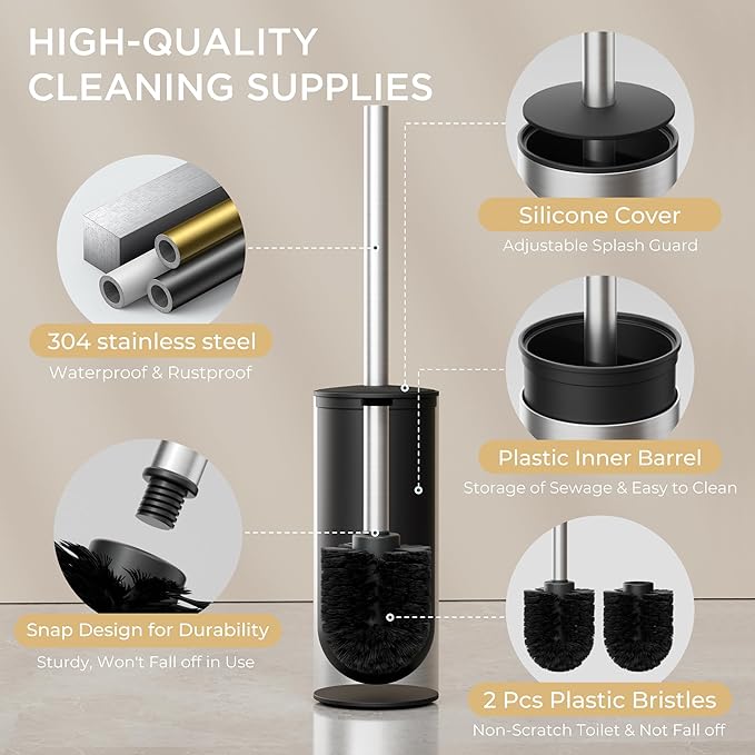 FORIOUS Toilet Brush and Holder Set Brushed Nickel, Heavy Duty 304 Stainless Steel Base and Long Handle Toilet Bowl Cleaners Brush, for Bathroom Storage and Organization, 2 Brush Head