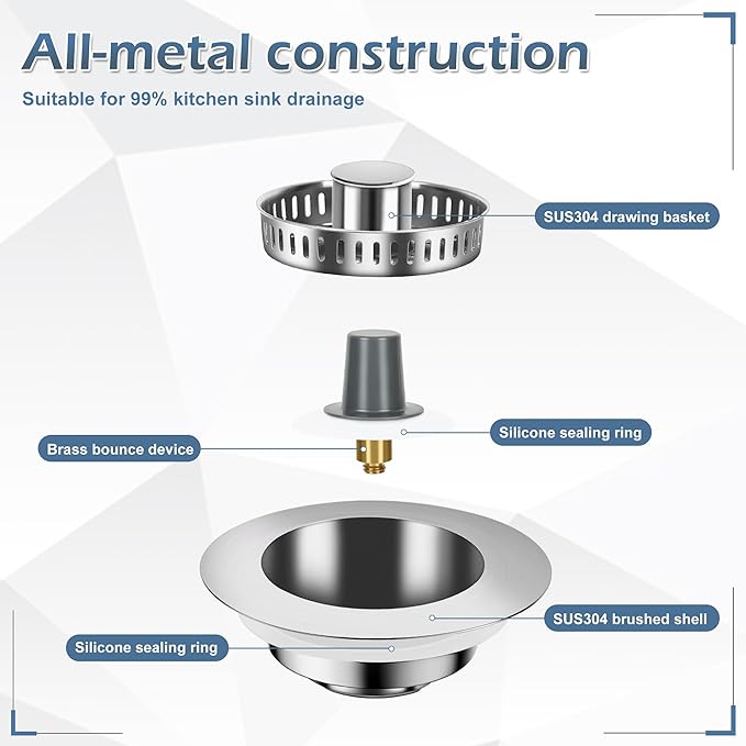 3 in 1 Kitchen Sink Drain Strainer ，304 Stainless Steel Kitchen Sink Stopper and Basket,Long-Term Water Storage，Bass Bounce Core，General，Filter for Standard 3-1/2 inch Drain
