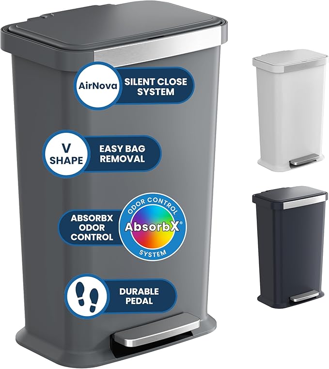 iTouchless SoftStep 13.2 Gal / 50L Step Pedal Kitchen Trash Can with Odor Filter, Durable Dent-Proof Construction and Stainless Steel Trim, Garbage Bin with Lid for Home Office, Bedroom, Gray Plastic