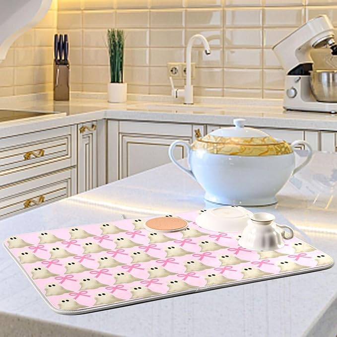 Halloween Ghost Bow Dish Drying Mat for Kitchen Countertop 16x18 Pink Bowknot Spooky Small Drying Mat Reusable Quick Dry Dish Sink Mats Easy Clean Decorative Essentials