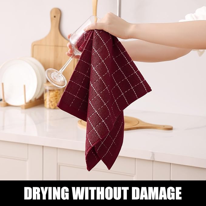 Homaxy 100% Cotton Terry Kitchen Towels(Brick Red, 13 x 28 inches), Checkered Designed, Soft and Super Absorbent Dish Towels, 6 Pack