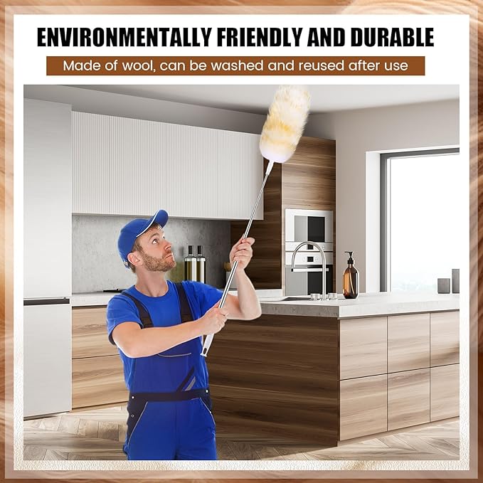 Remerry Lambswool Cleaning Duster Extendable Feather Duster 30-96 Inch with Stainless Steel Handle Removable Head Multi Surface Cleaning Tool for Ceiling Fan Window Furniture Bookshelf Home Office