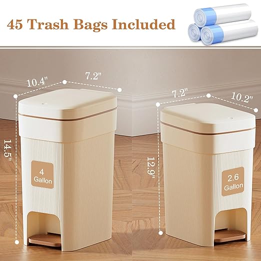 JiatuA Small Bathroom Trash Can with Lid Soft Close, 4 Gallon Step Garbage Can Slim Trash Bin Wastebasket for Kitchen Bedroom Office Living Room Toilet College Dorm, Cream