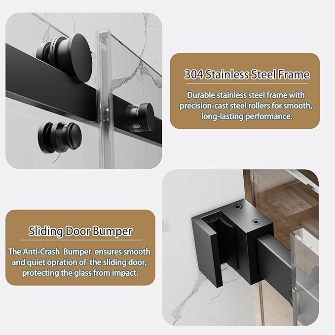 56-60" W x 74" H Frameless Sliding Shower Door, 5/16"(8mm) Clear Tempered Glass, Premium SUS304 Stainless Steel Hardware, Double Nano Coating, JVR-X02 (Matte Black)