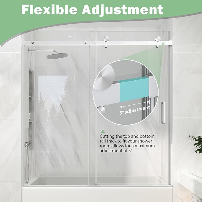 KPUY Frameless Sliding Bathtub Door, 55-60" W x 60" H Tub Shower Door, 1/4" (6mm) Thick Tempered Clear Glass with Explosion-Proof Film Nano Coating, Brushed Nickel