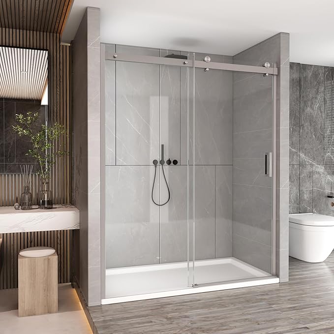 Sunrosa Semi-Frameless Glass Shower Door, 60" W x 76" H Single Sliding Shower Door, Shower Door with Tempered Glass 5/16"(8mm), Brushed Nickel