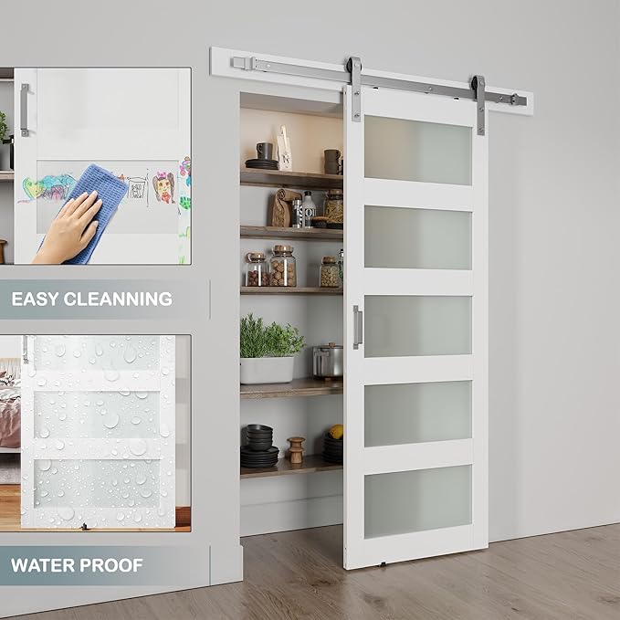 28'' x 84'' Glass Barn Door and 5 Ft Brushed Nickel Hardware Kit Included, MDF White Barn Door Slab with Frosted Glass, PVC Surface, Combined with Handle and Floor Guide-Assembly Required