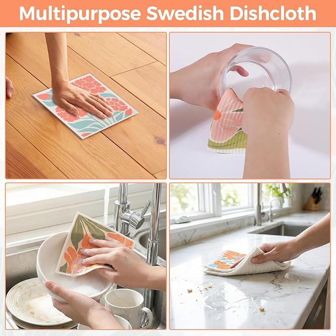6 Pack Swedish Dishcloths for Kitchen,Abstract Floral Swedish Rags Dish Towels with Clips, Reusable Paper Towels Washable Absorbent Cellulose Sponge Cloths No Odor for Cleaning Home Sink Kitchen