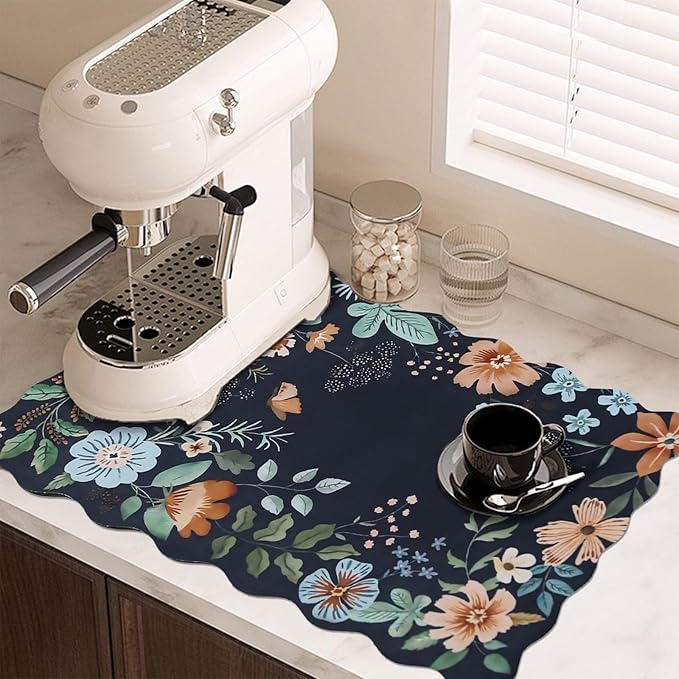 Scalloped Bohemian Coffee Bar Mat Dish Drying Mats for Kitchen Counter, Kitchen Decor,(12"x19", Black)