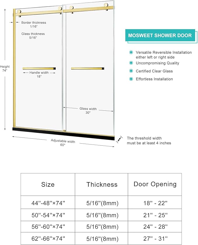 Milano Double Sliding Shower Door, 60 in.W x 74 in.H Framed Shower Door 5/16"(8mm) Clear Tempered Glass, 18 inch Pull Handle, Stainless Steel Hardware, Brushed Gold Finished