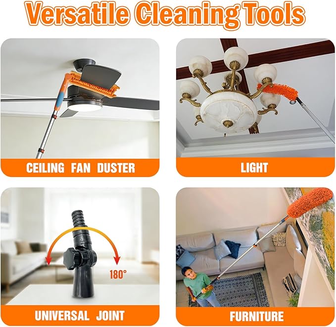 20FT Reach Ceiling Fan Cleaner Duster, Fan Blade Cleaner Kit with 3-12FT Extension Pole, Microfiber Duster & Replaceable Cleaning Cloth for Blades, Ceiling, Furniture