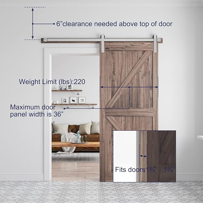 SMARTSTANDARD 6 Feet Brushed Nickel Barn Door Hardware Kit-Heavy Duty Sliding Track-Smoothly and Quietly-Easy to Install-Fit 36" Wide Door Panel (J Shape Hanger)