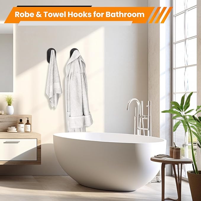 Black Adhesive Hooks Heavy Duty, Wall Hooks for Shower, Bathroom, Towel, Coat, Robe, Stainless Steel Hooks for Hanging, Waterproof & Rustproof Sticky Hooks for Walls No Damage- 4 Pack