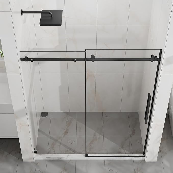 Frameless Shower Door 60" W x 72" H, 1/4" Clear Tempered Glass, Sliding Design, Reversible Installation, Matte Black Finish, Space-Saving Glass Shower Door for Small Bathrooms