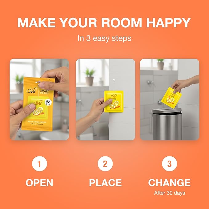 Godrej Ezee Aer Power Pocket Bright Tangy Delight Bathroom Fragrance 10 g, 6-Pack, Yellow