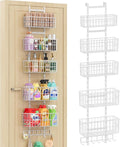 Over The Door Organizer, Hanging Door Organizer with 5 Metal Baskets, Behind The Door Storage for Pantry Closet Bedroom Bathroom Cabinet Kitchen, White