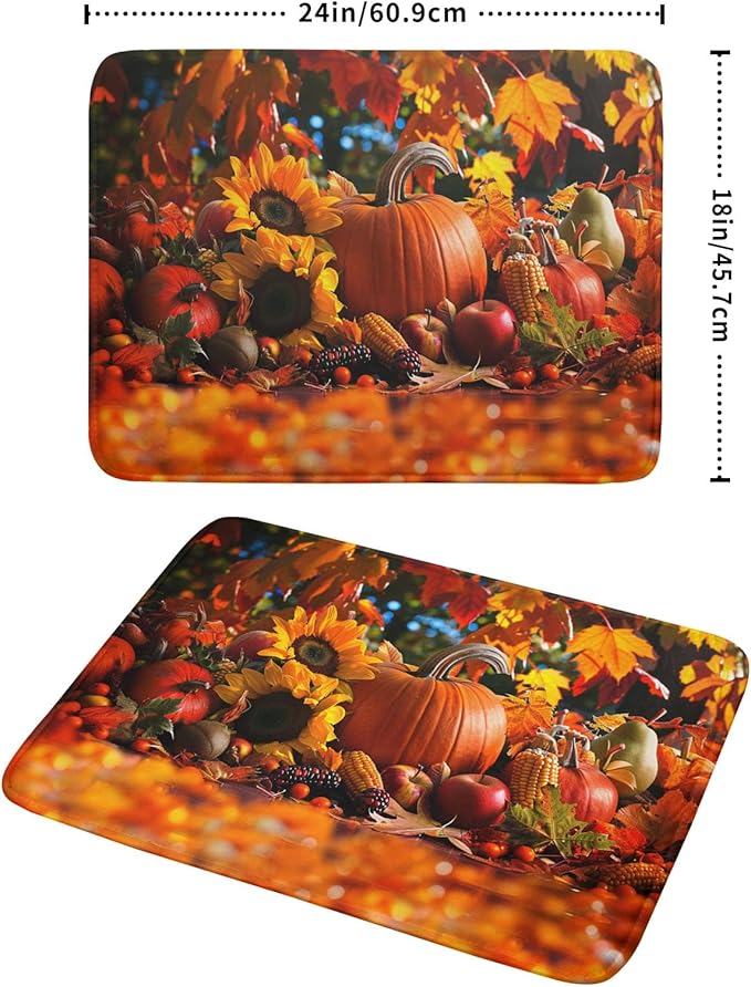 Fall Harvest Pumpkin Dish Drying Mat for Kitchen Counter,Thanksgiving Maple Leaves Sunflower Drying Mat 18 x 24 Inch with Absorbent Reversible Microfiber Dish Drying Pad for Coffee Bar