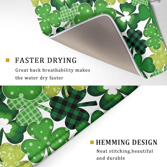 Khope St Patrick's Day Dish Drying Mat for Kitchen Counter 18x24 Inch Green Shamrock Reusable Washable Lucky Clover Plaid Drying Pad Countertop Home Decor