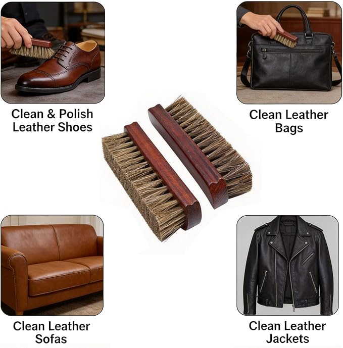 2 Pcs Horsehair Shoe Brush, Shoes Cleaning Polish Brush with Wooden Concaved Handle Soft Horse Hair for Leather and Boot